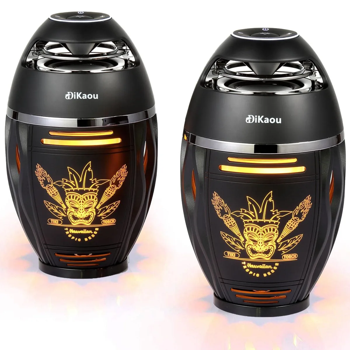 Compact black cylindrical speaker with flickering flame LEDs and TIKI tropical patterns