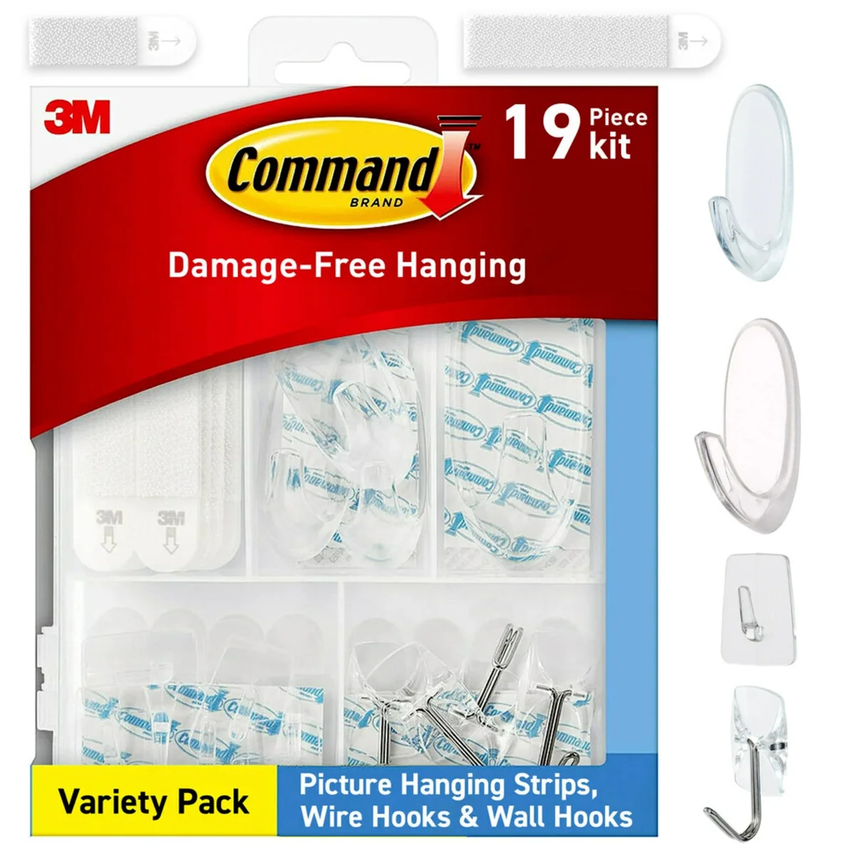 Clear plastic box containing 11 wall hooks, 4 wire hooks and 22 adhesive strips