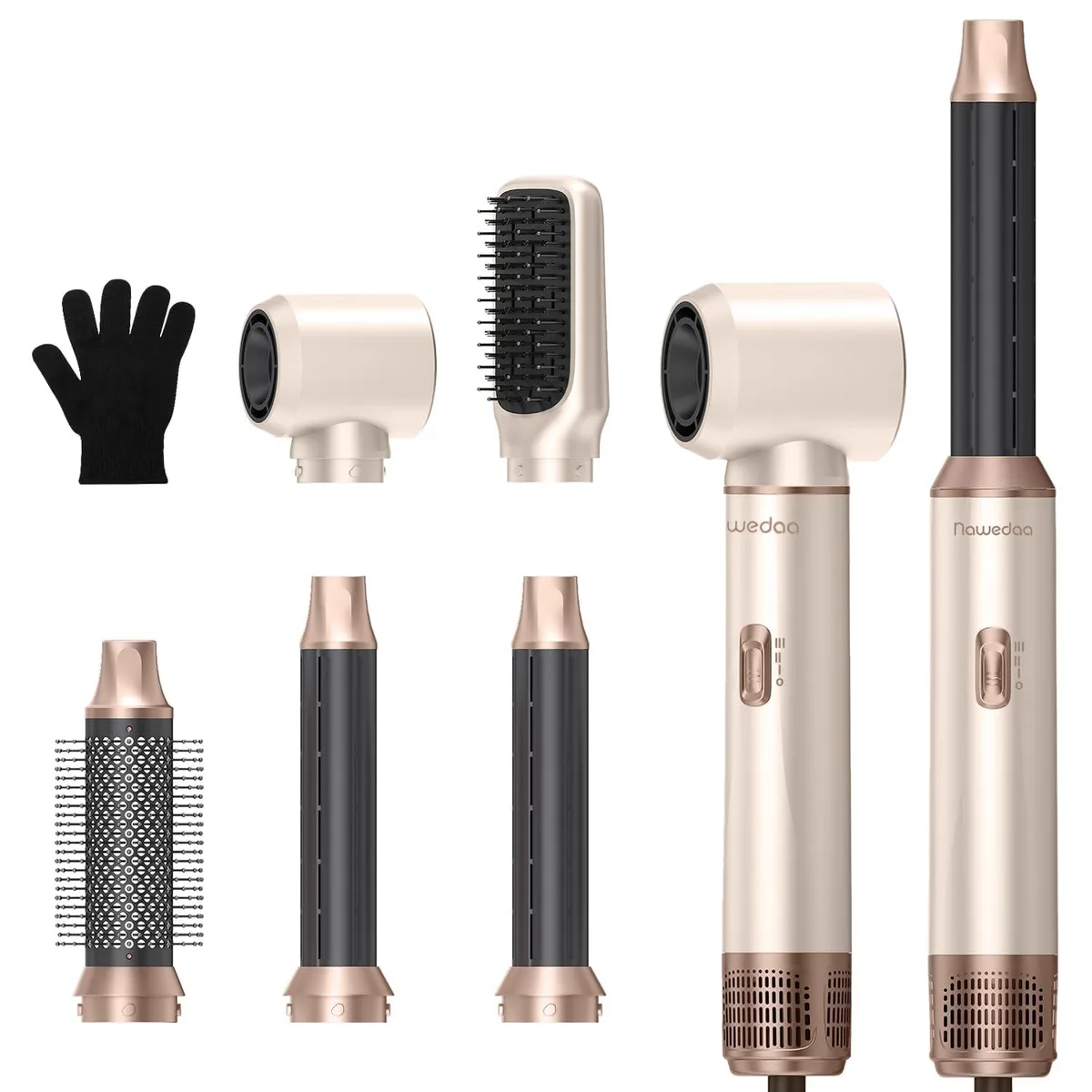 Beige 5-in-1 hair styler with detachable brush and curling attachments
