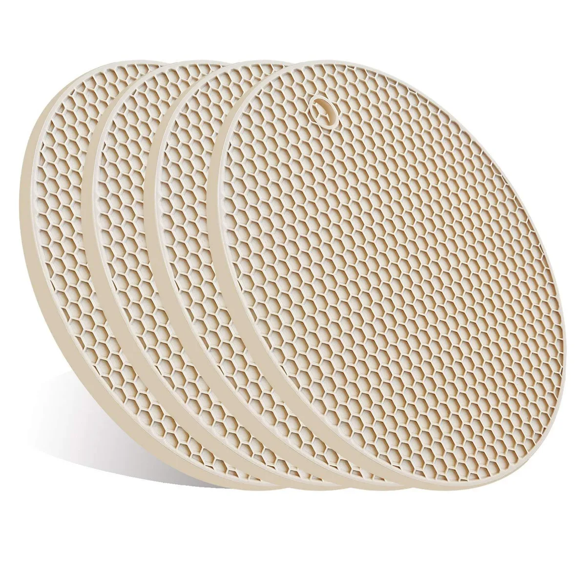 Four beige silicone trivets with honeycomb texture, extra thick and square