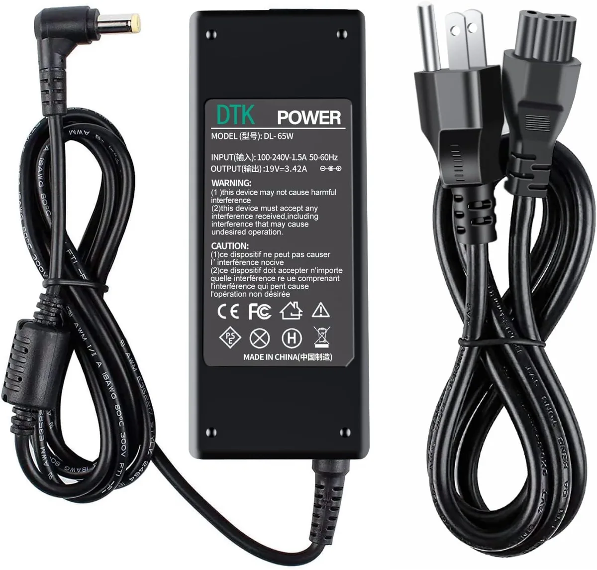 Black rectangular AC adapter brick with 5.5 by 1.7 mm barrel connector and long power cord