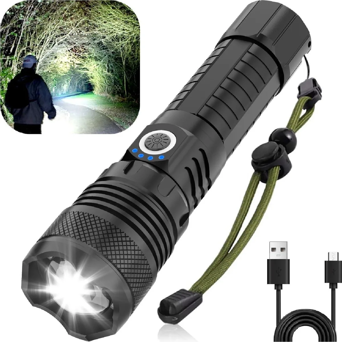 Black aluminium alloy flashlight, 6.5 by 1.7 by 1.4 inches, zoomable head, four blue battery indicator lights, USB charging port