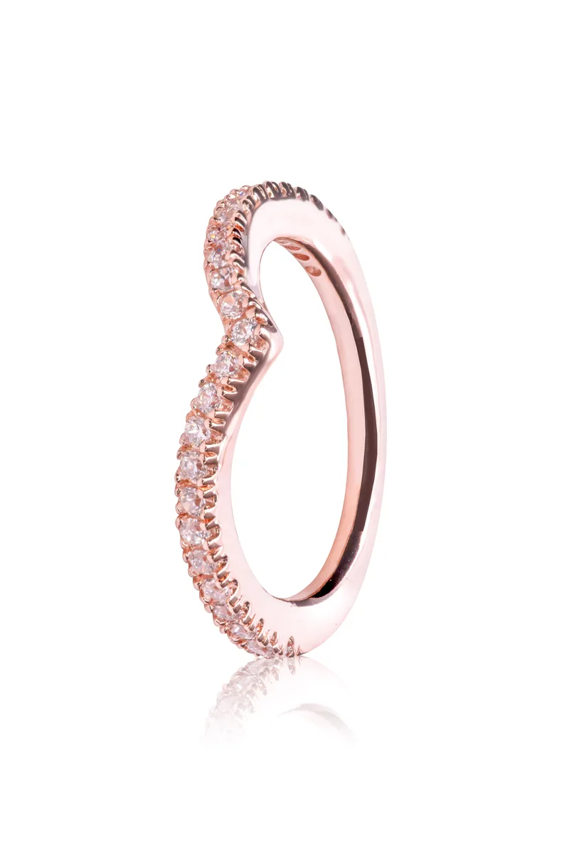 Wishbone ring with clear stones on rose gold-plated band