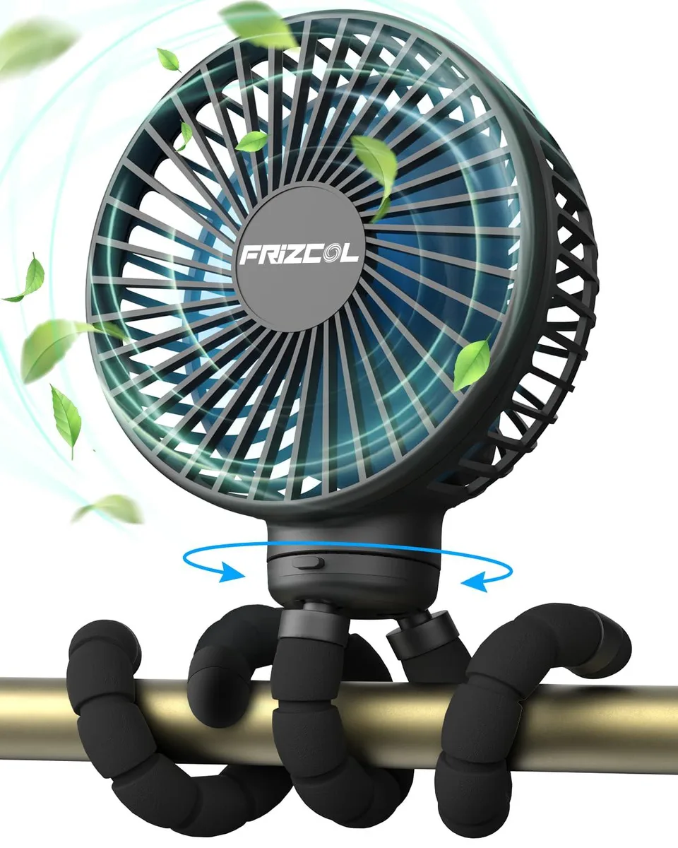 Compact black and blue clip-on fan with flexible tripod legs and silver blades