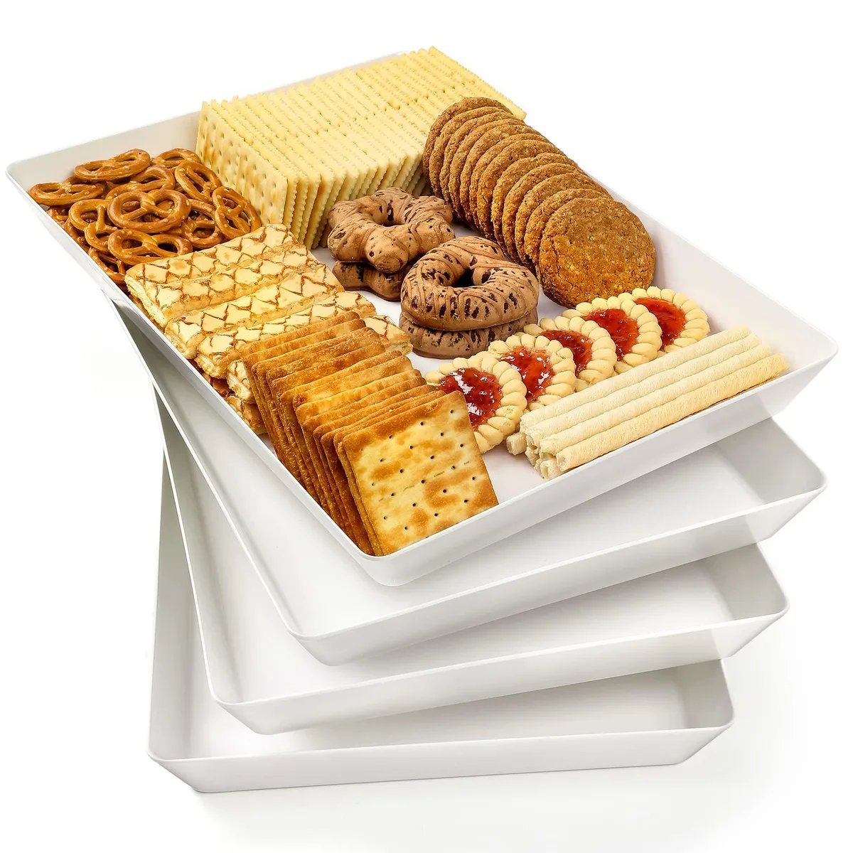 Four clear rectangular ceramic trays with striped Art Deco pattern, 16 by 11 inches, stackable