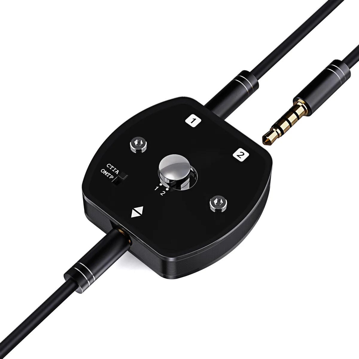 Small black box with three 3.5mm jacks and a switch button