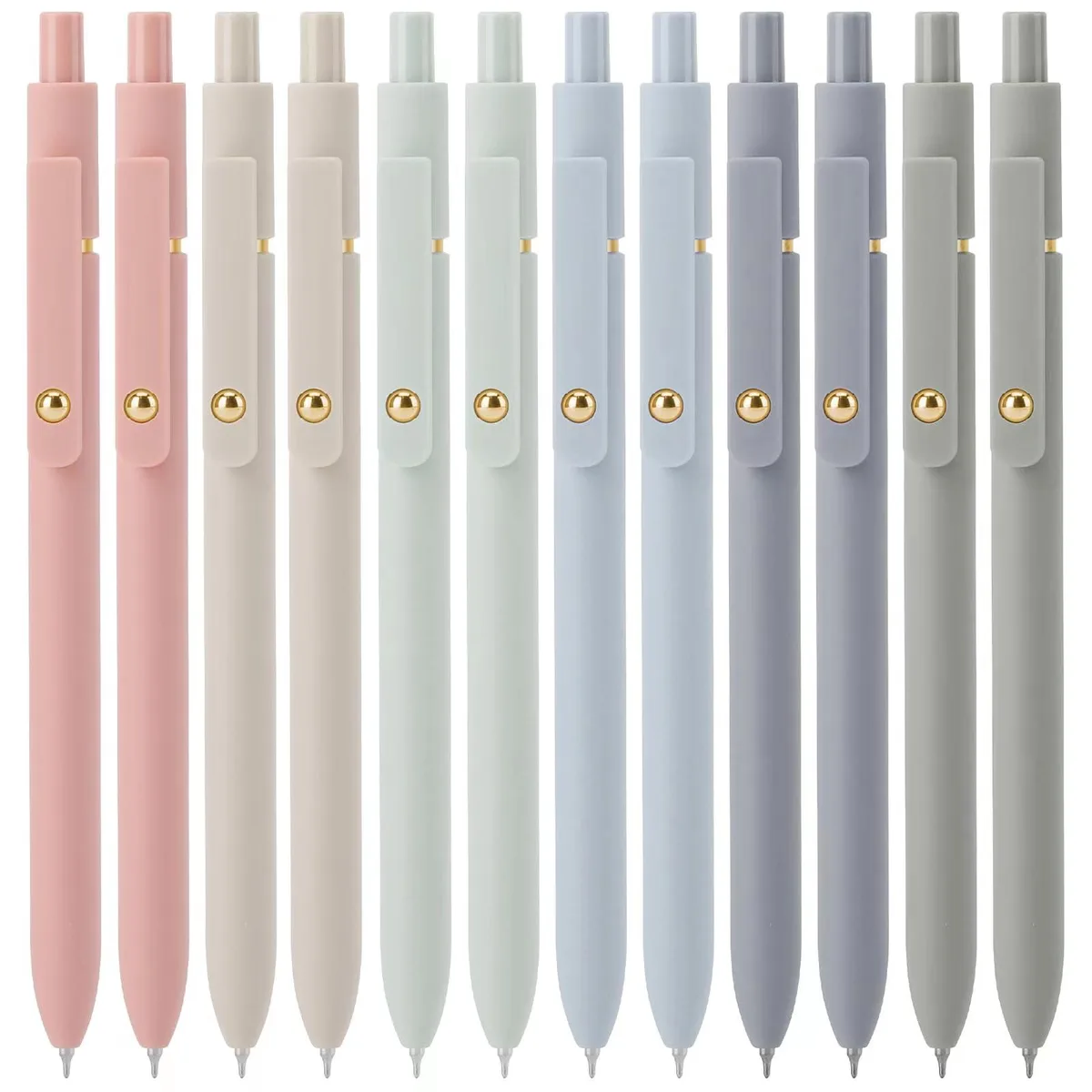 Twelve black retractable gel pens with plastic barrels and clips, 0.5 mm tips