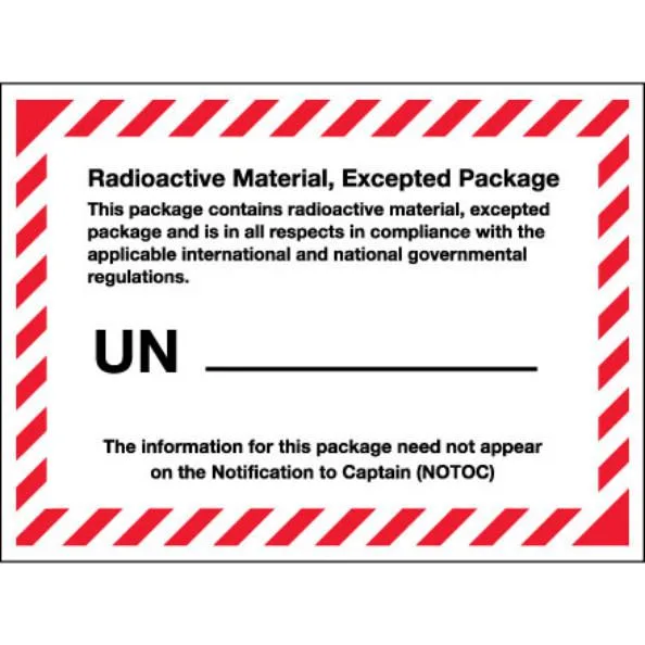 Blue and white roll of 500 radioactive material excepted package labels