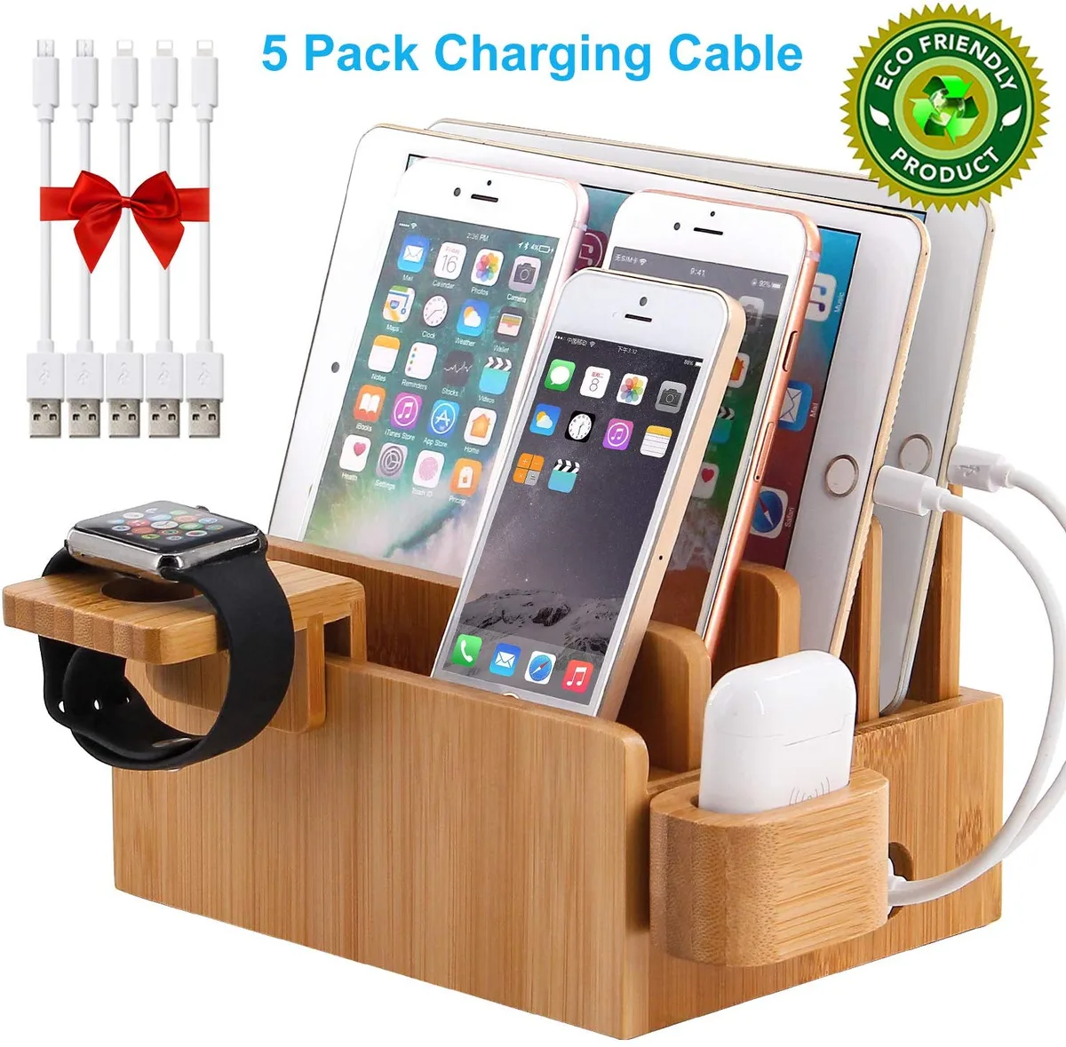 Pezin &amp; Hulin Pezin &amp; Hulin Bamboo Charging Station Phone Mount (5 Cables, No Charger) — product photo