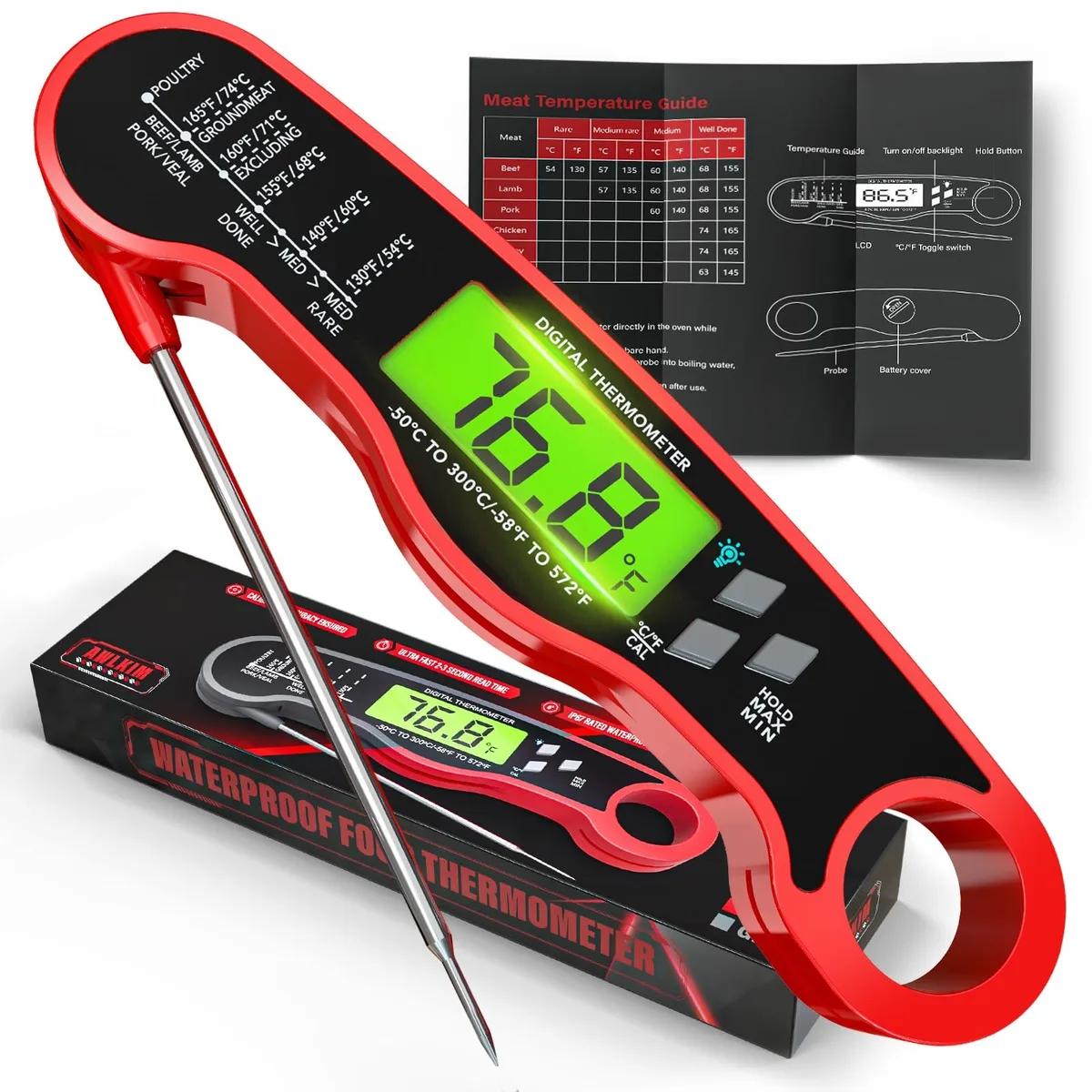 Red digital thermometer with thin 1.7mm probe, IP67 waterproof body, backlit display, magnetic back and hanging loop