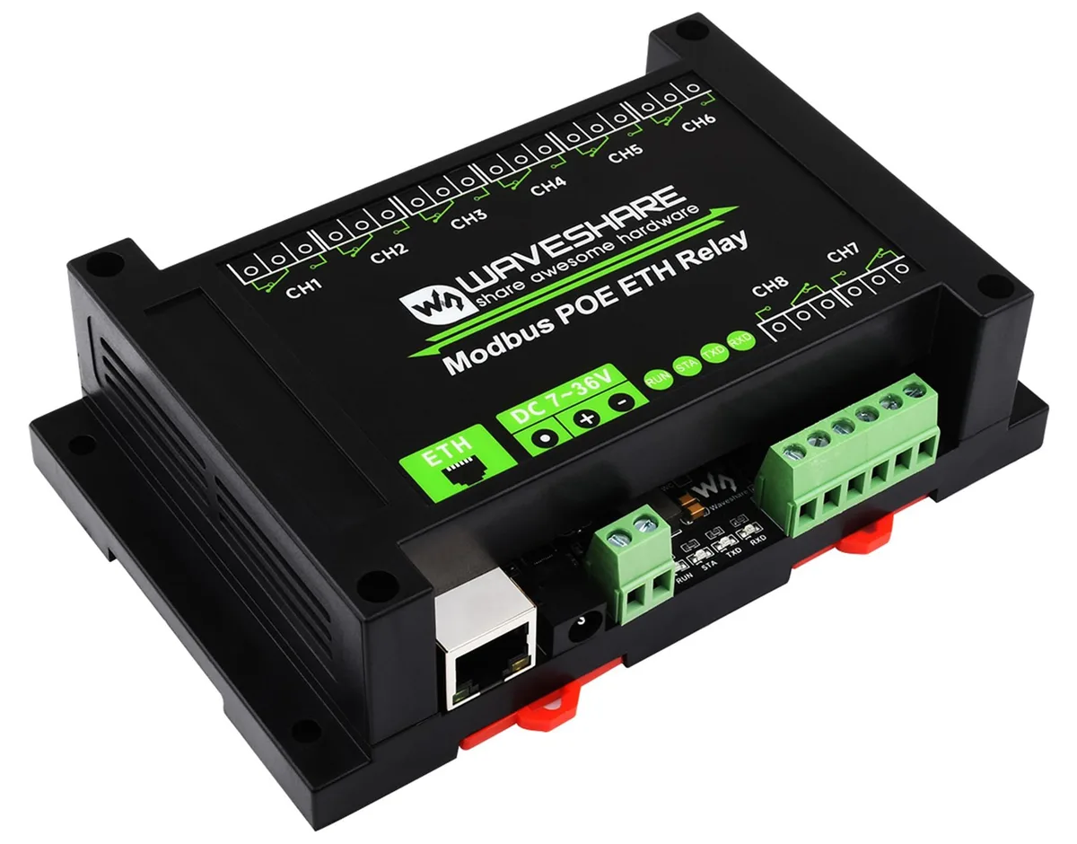 WaveShare WaveShare 8-CH Ethernet Relay Module Modbus RTU TCP PoE ABS rail-mount — product photo