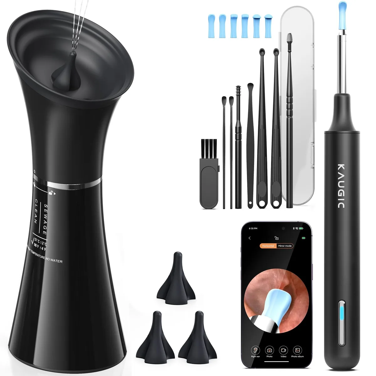 Black handheld ear cleaner with camera and irrigation nozzle