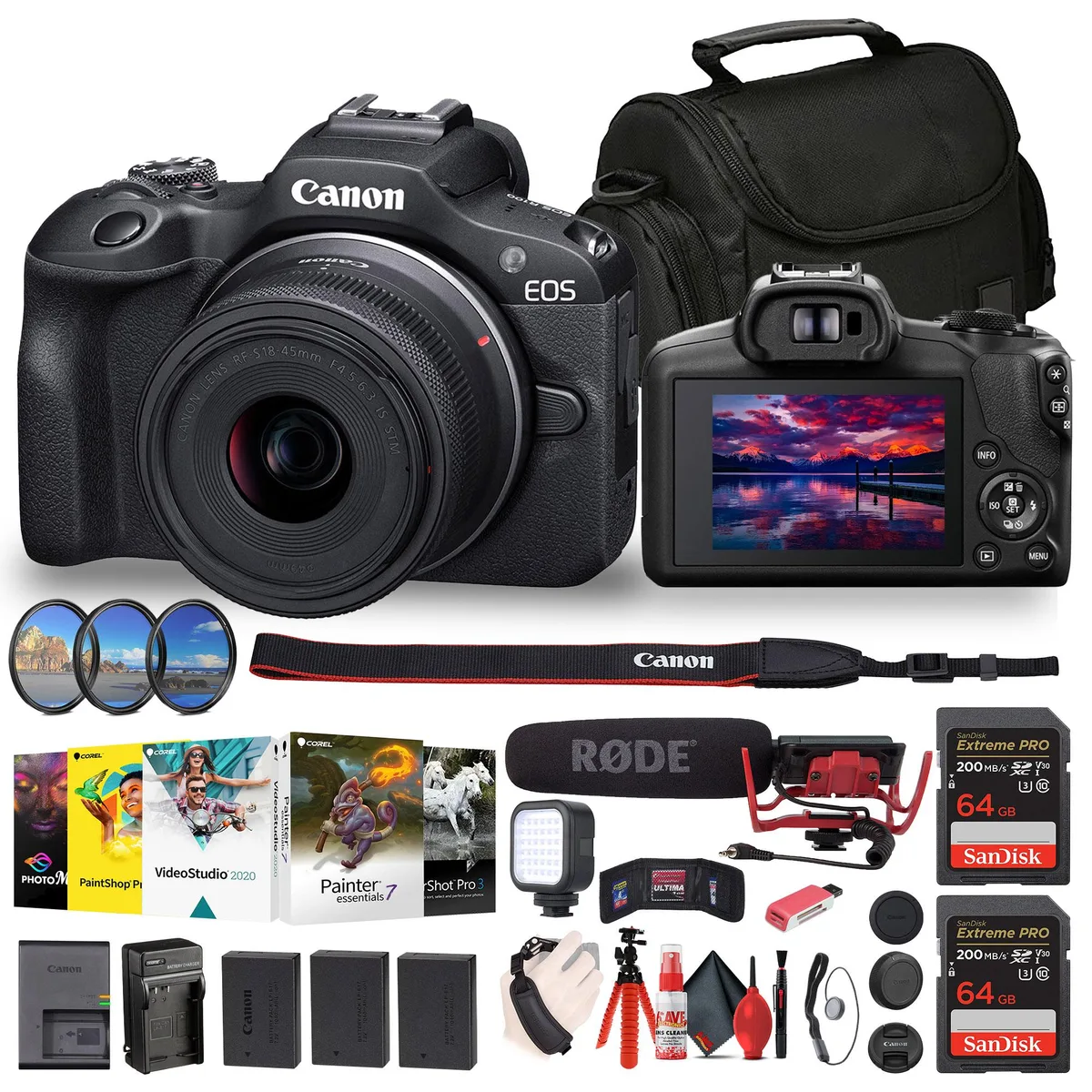 Canon Canon EOS R100 18-45mm Kit with Rode Mic, Filters, 2×64GB Cards, LED Light, Tripod, Software — product photo