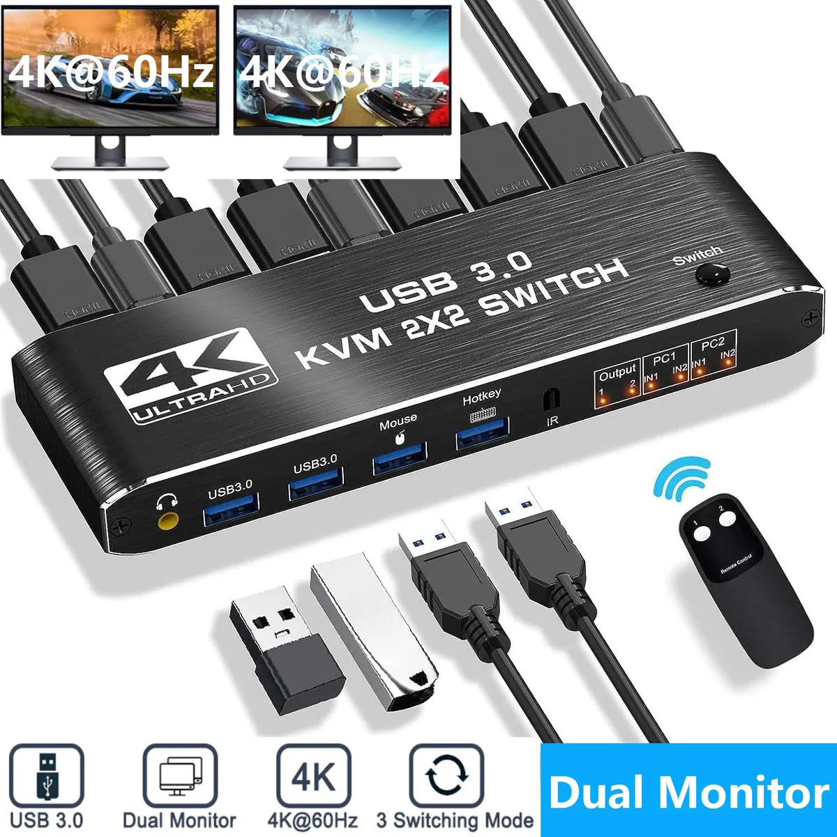 Hitoor Hitoor Dual Monitor HDMI KVM Switch 4K@60Hz 2x2 USB 3.0 3.5mm Audio — product photo