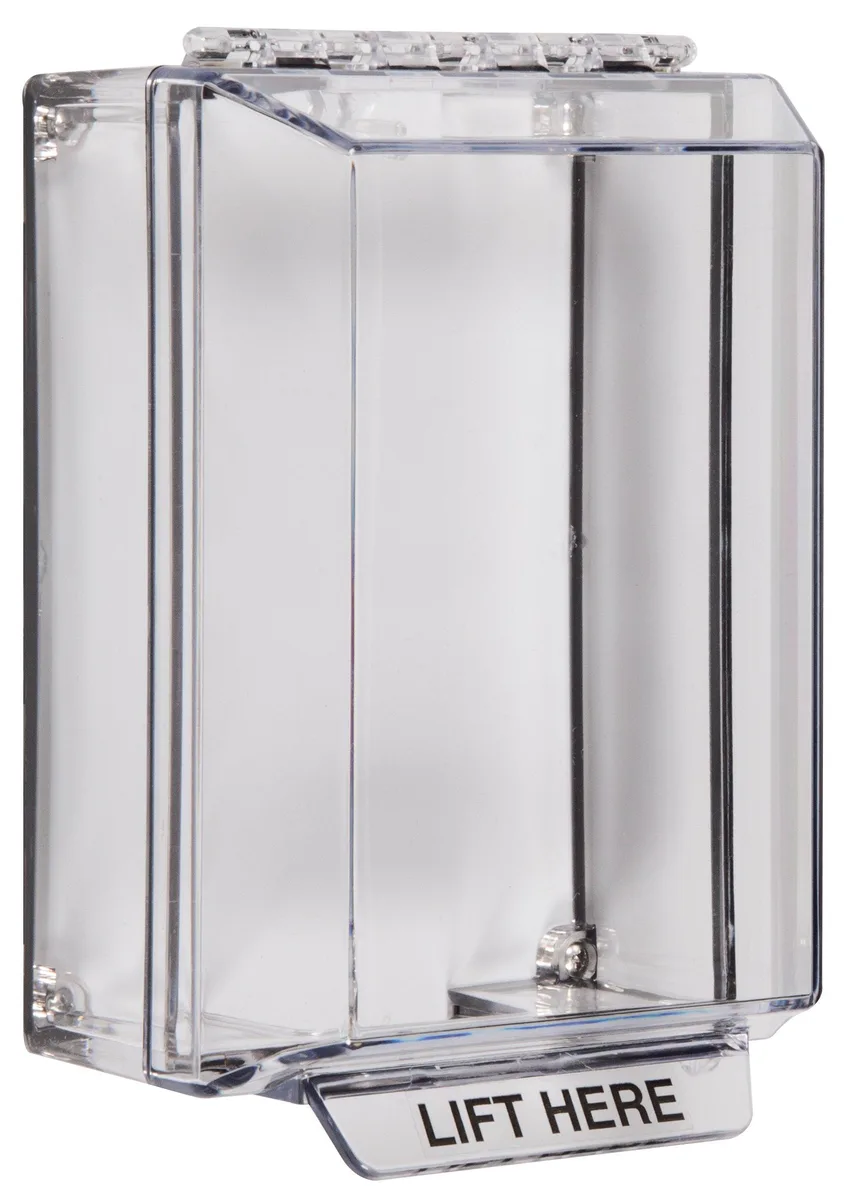 Clear low-profile polycarbonate cover with continuous hinge surface mounted on wall