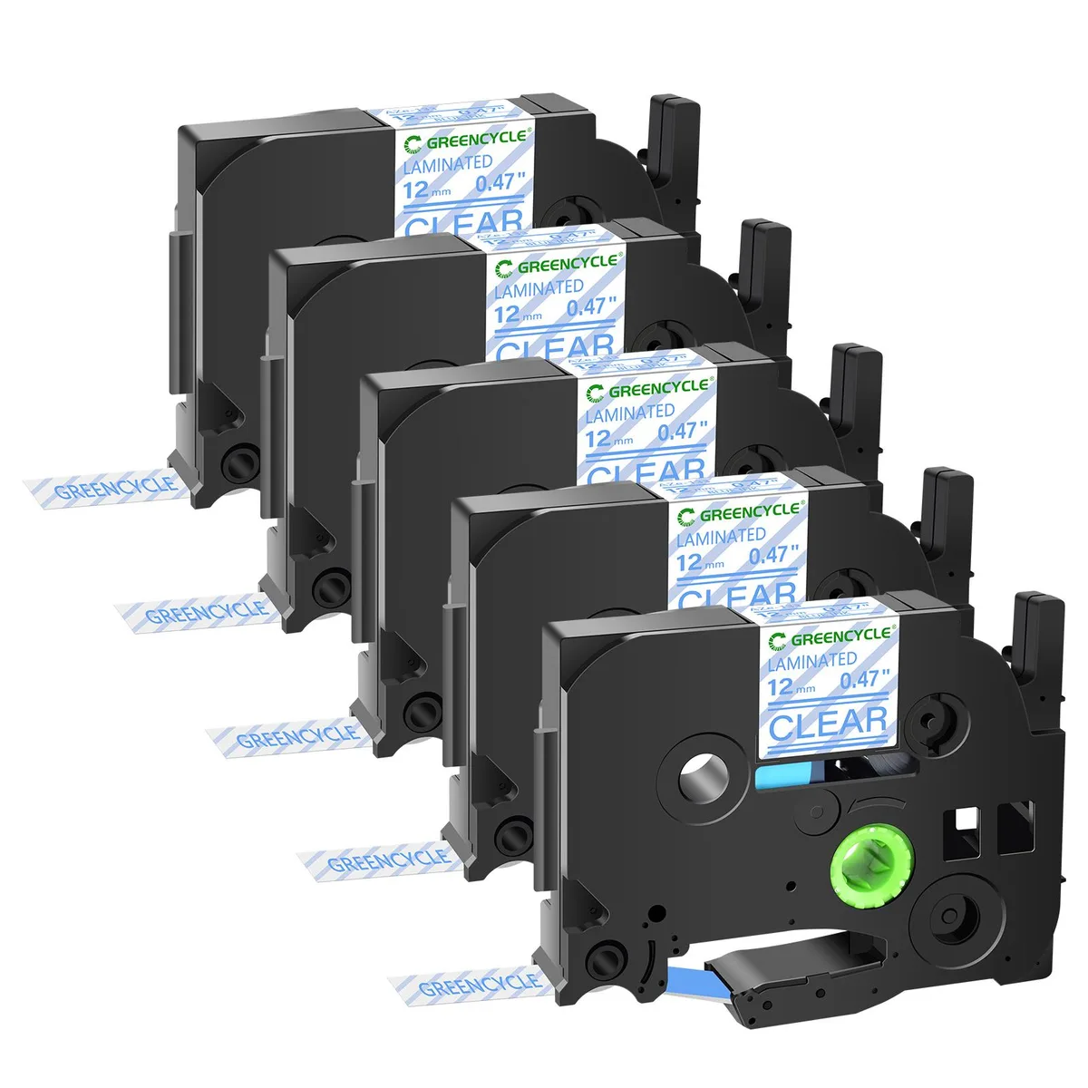 GREENCYCLE GREENCYCLE TZe-133 12mm Blue on Clear Laminated Tape 5 Pack — product photo