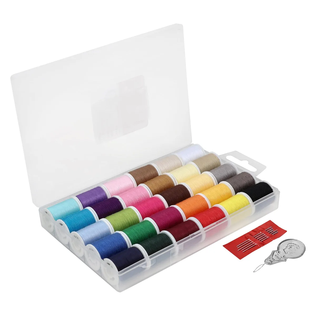 Plastic case holding 30 mini spools plus needles and threader