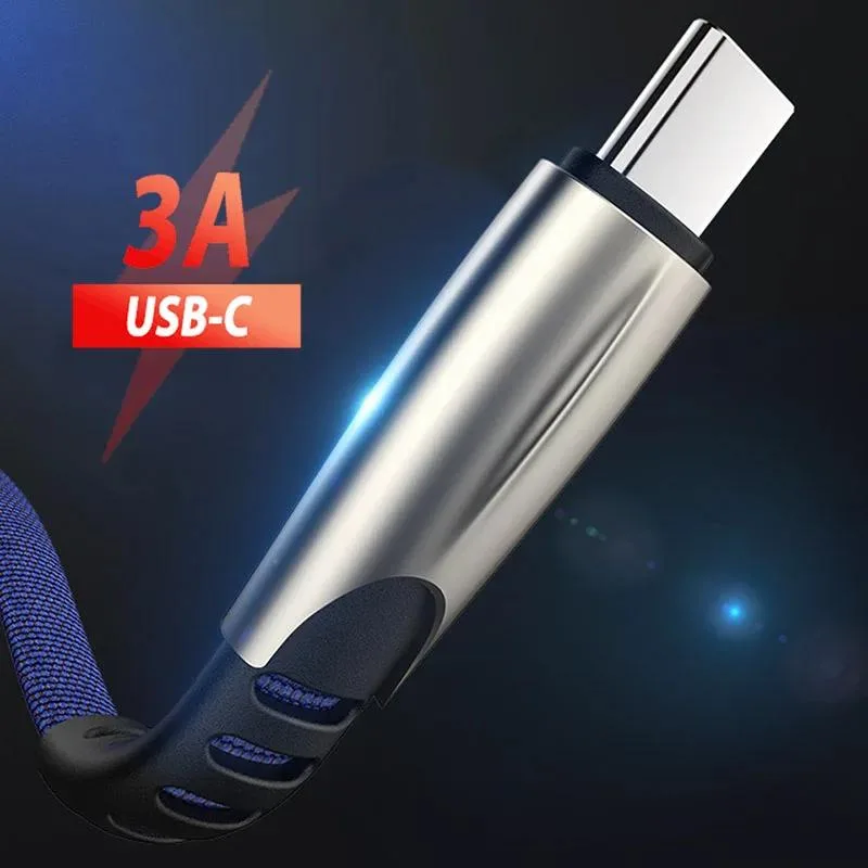 Black nylon-braided USB-C cable, three metres long, aluminium alloy connectors
