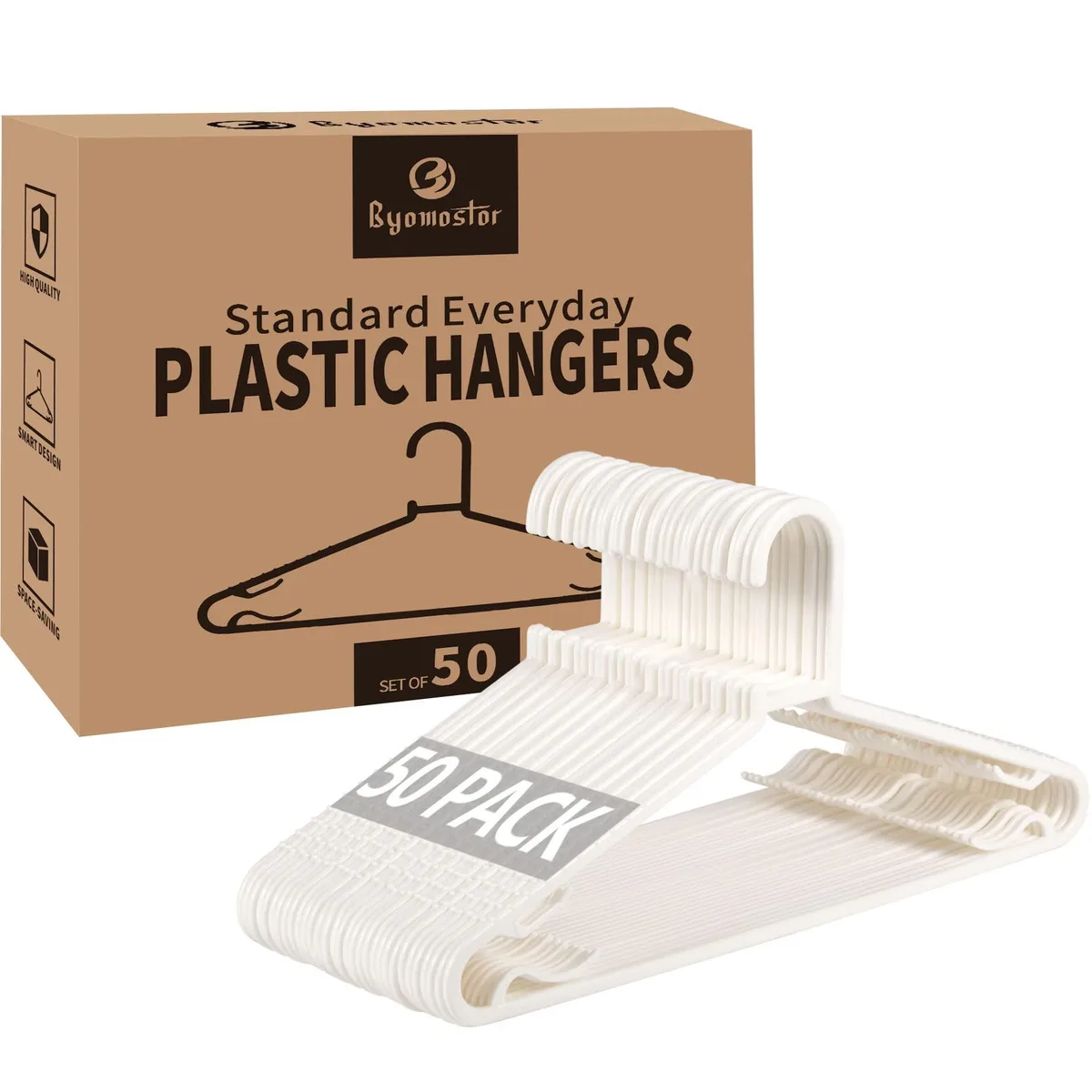 Fifty white plastic G-shape hangers with four hooks each, smooth finish, 16 by 8.1 inches