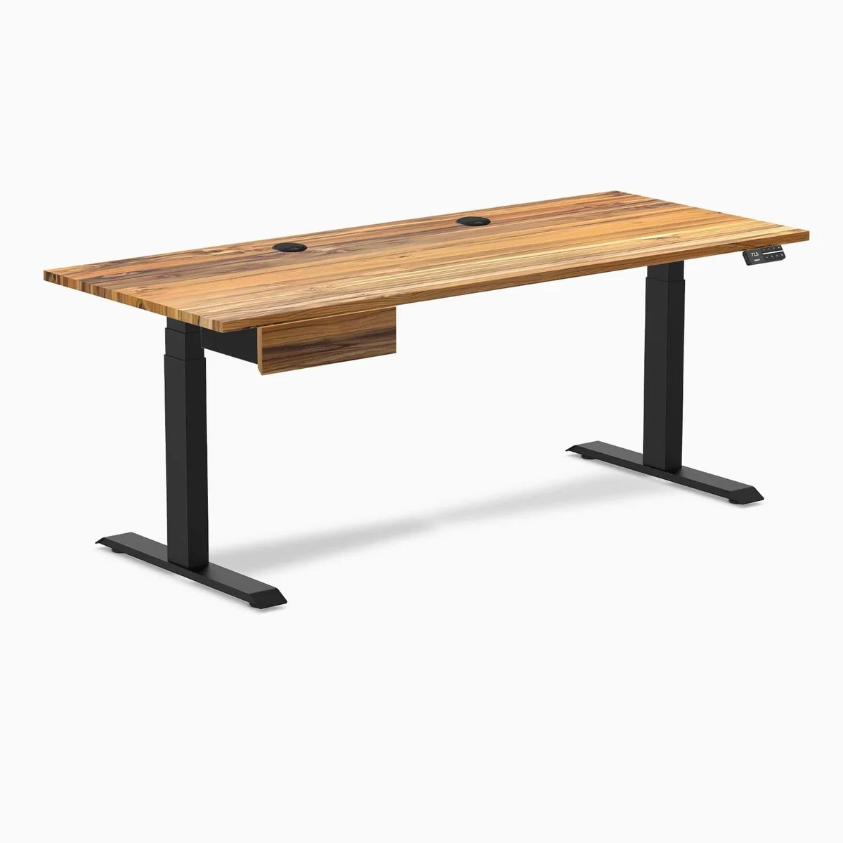 Desky Desky Dual Hardwood Standing Desk Teak 72 x 30 in Drawer Matte Black Frame 308.6 lbs — product photo
