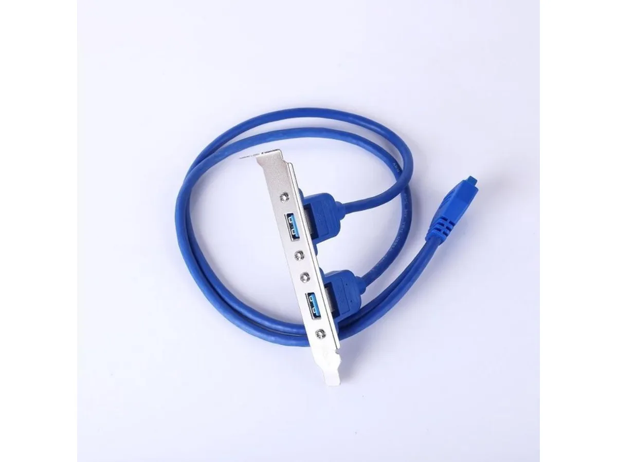 A full-size PCI bracket with a 20-pin header cable ending in a USB 3.0 female port