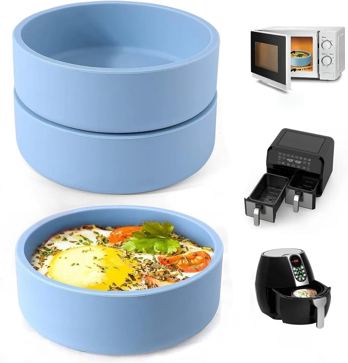 Three round blue silicone egg moulds, 4 inches wide, 1.3 inches deep