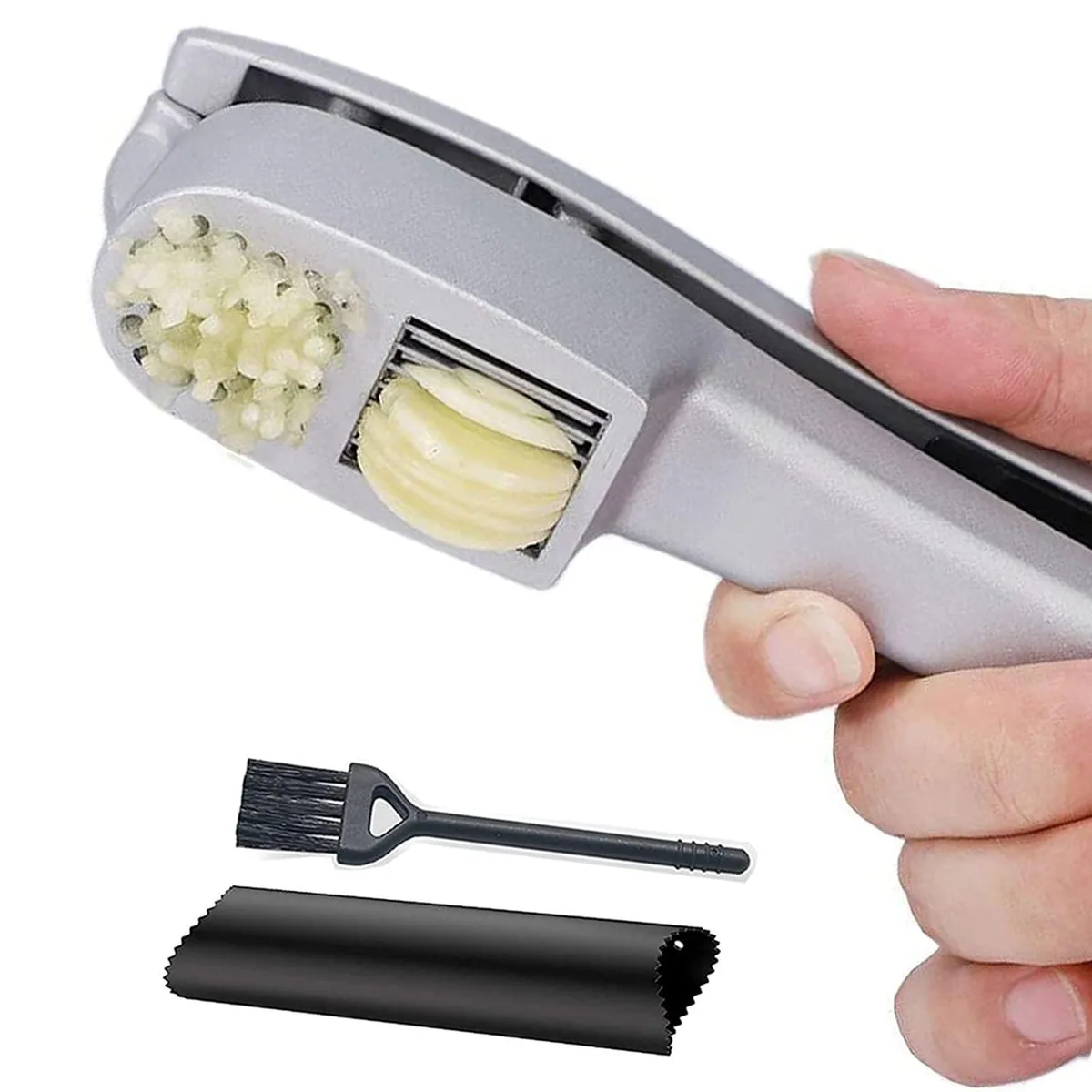 Silver aluminium garlic press with dual chambers, peeler tube and cleaning brush