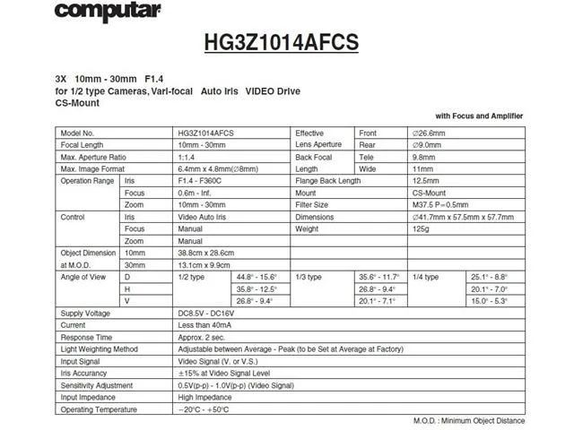 Computar Ganz Computar Ganz HG3Z1014AFCS 1/2" 10-30mm f1.4 Varifocal CCTV Lens — product photo