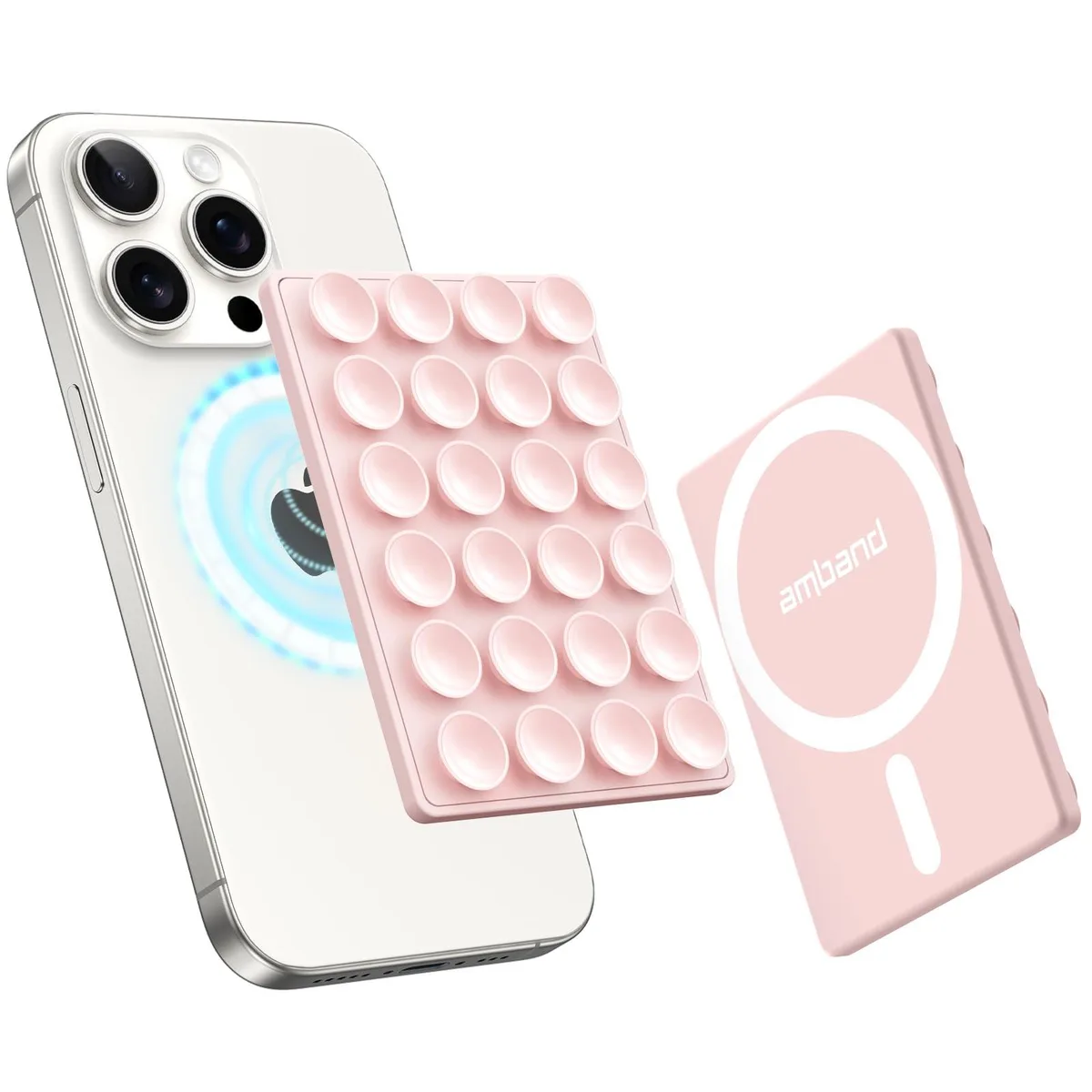 amBand Magnetic Suction Phone Mount Light Pink 3.0 in x 2.0 in x .3 in 24 suction cups 12mm — product photo