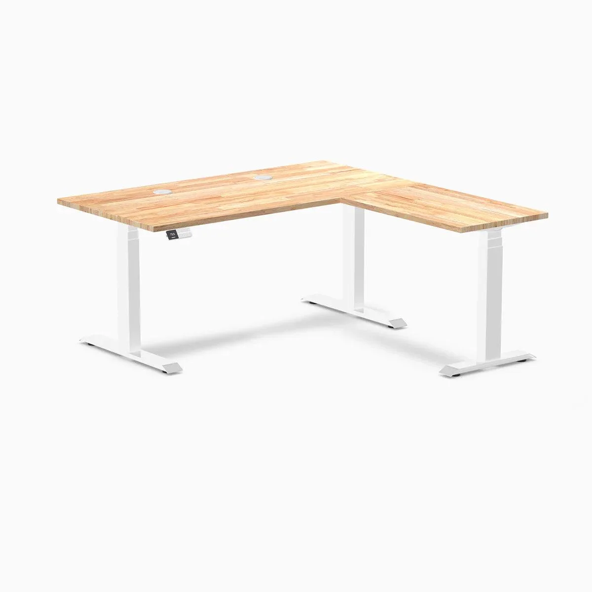 Desky Desky Rubberwood L-Shape Sit Stand Desk Natural Timber White 60x30x62x20 in — product photo