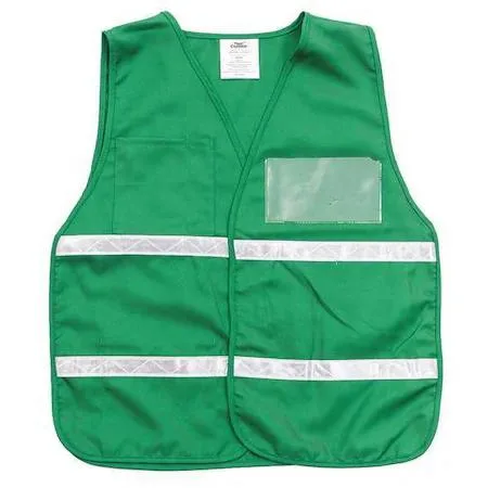 Green safety vest with silver stripes hook-and-loop closure clear card holder chest pocket inner pocket 23 in length