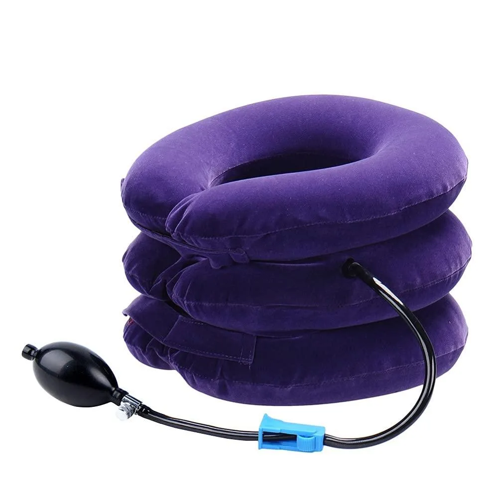 Purple inflatable neck traction brace with hand pump and adjustable straps