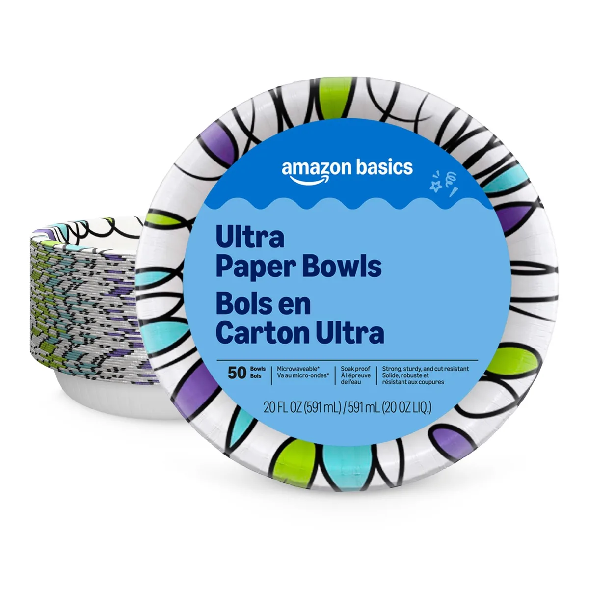White round paper bowls, 50 count, 20 oz capacity