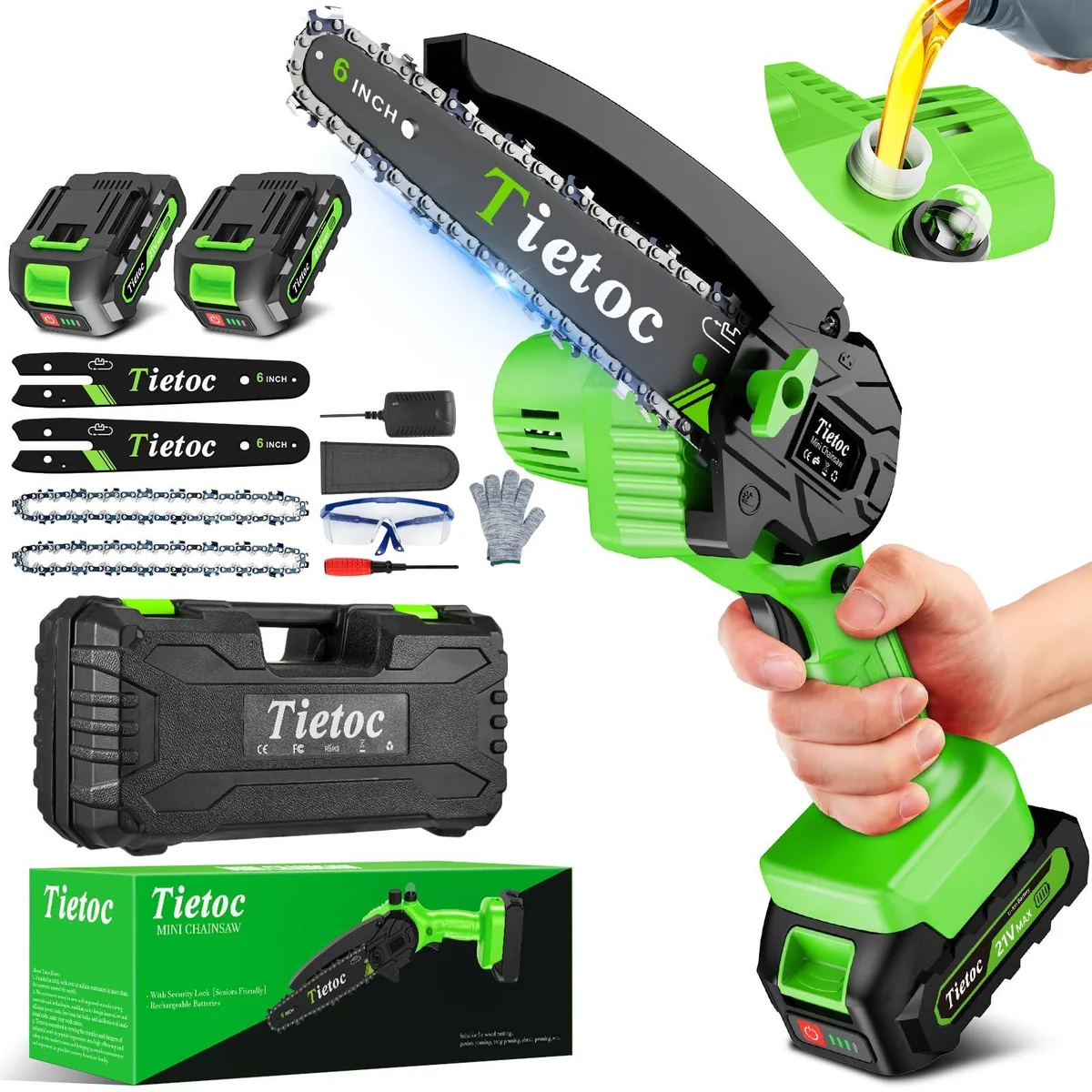 Orange handheld mini chainsaw with 6-inch guide bar and battery pack attached
