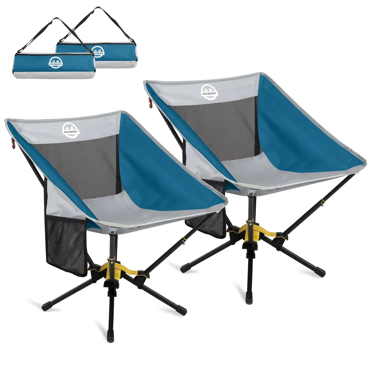 Two folded camouflage camp chairs in carry bags