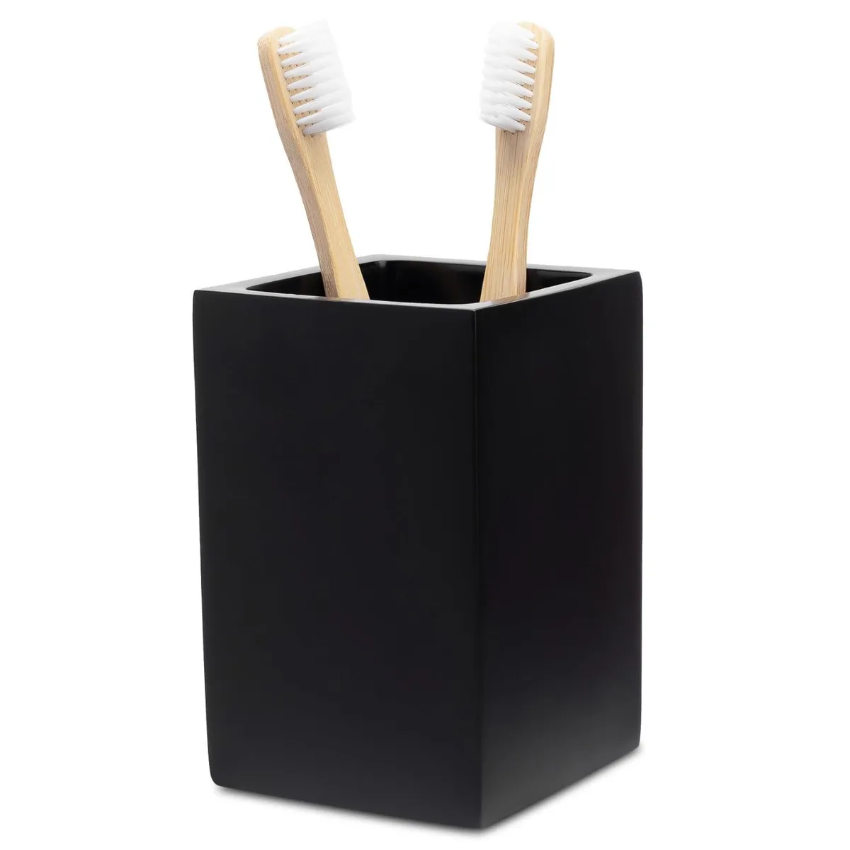 Square matte black resin toothbrush holder cup with four rubber base pads