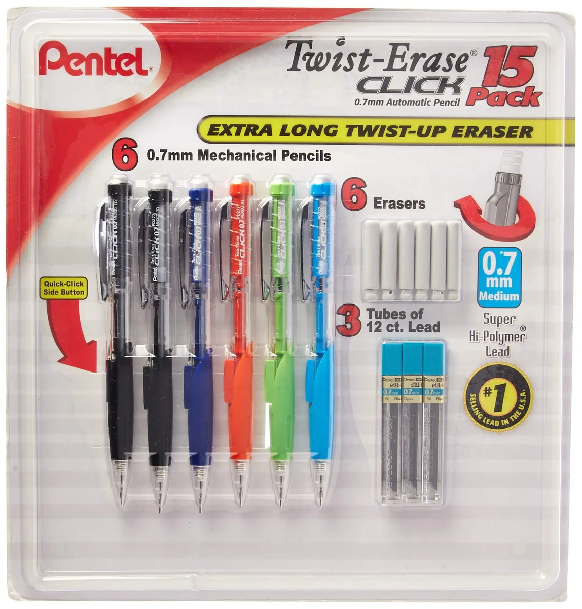  Pentel Twist-Erase Click 0.7 mm Mechanical Pencil Pack of 6 with Erasers and Lead Refills — product photo