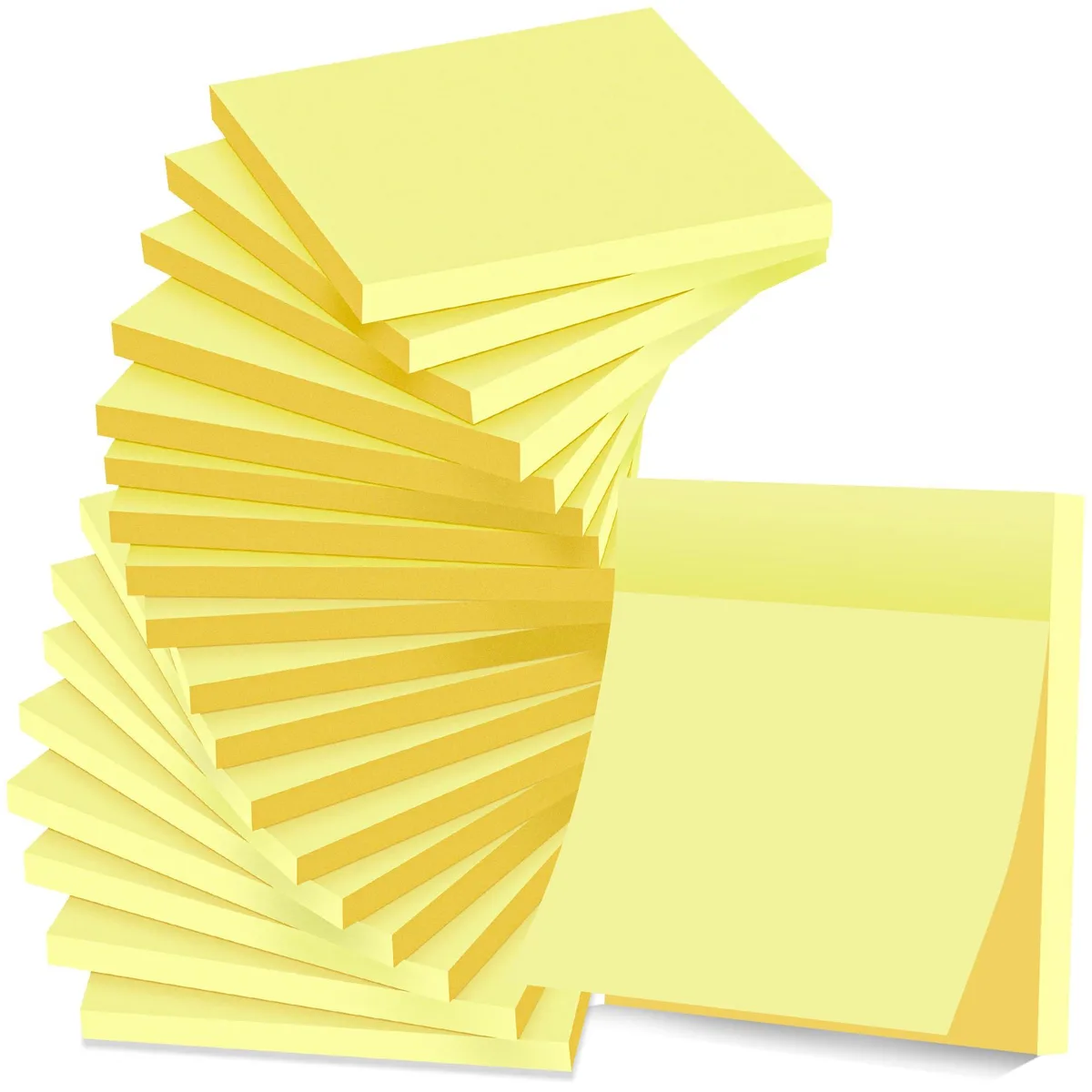 Eighteen square yellow sticky-note pads stacked in a rectangular pack