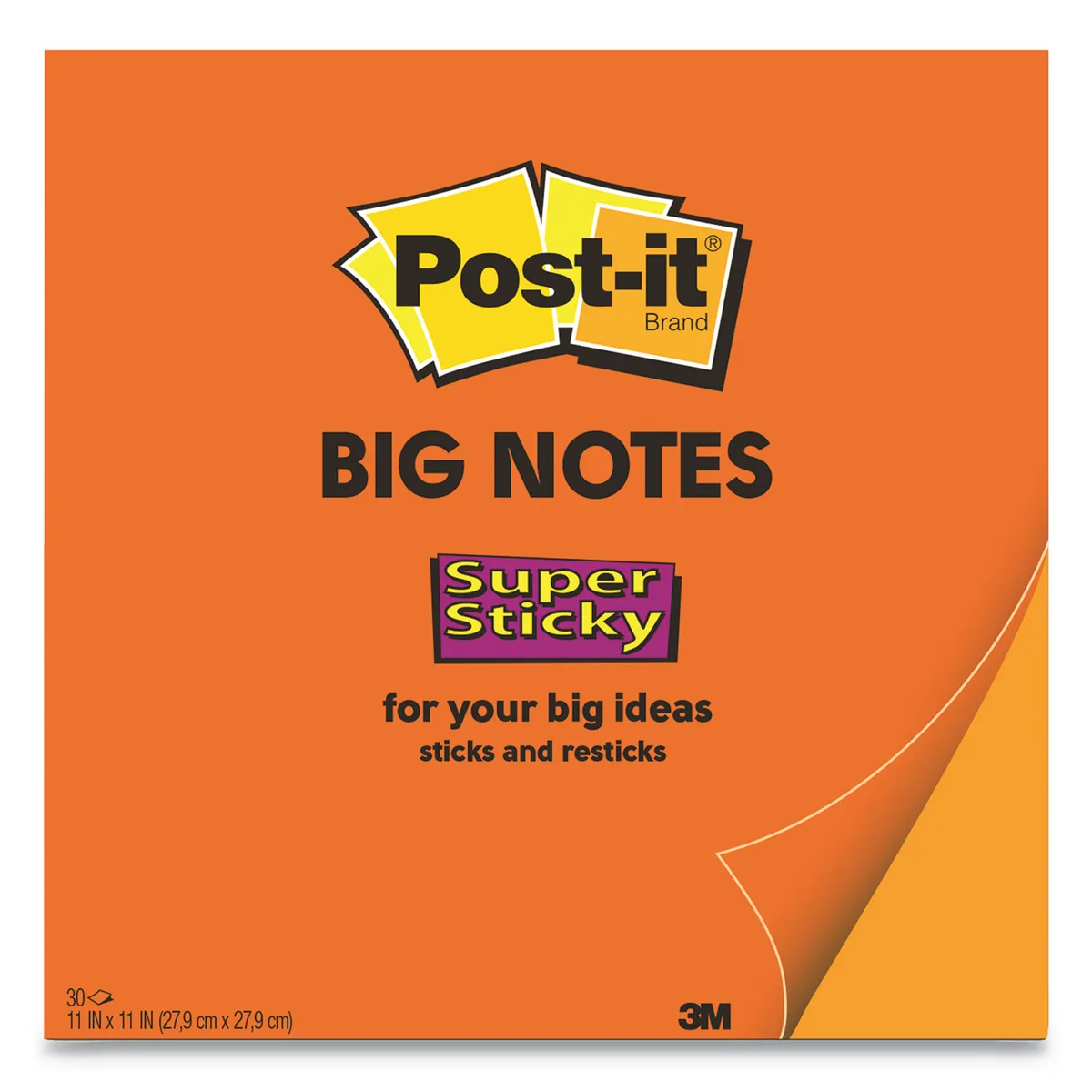 Square orange sticky-note pad, 11 inches each side, 30 sheets