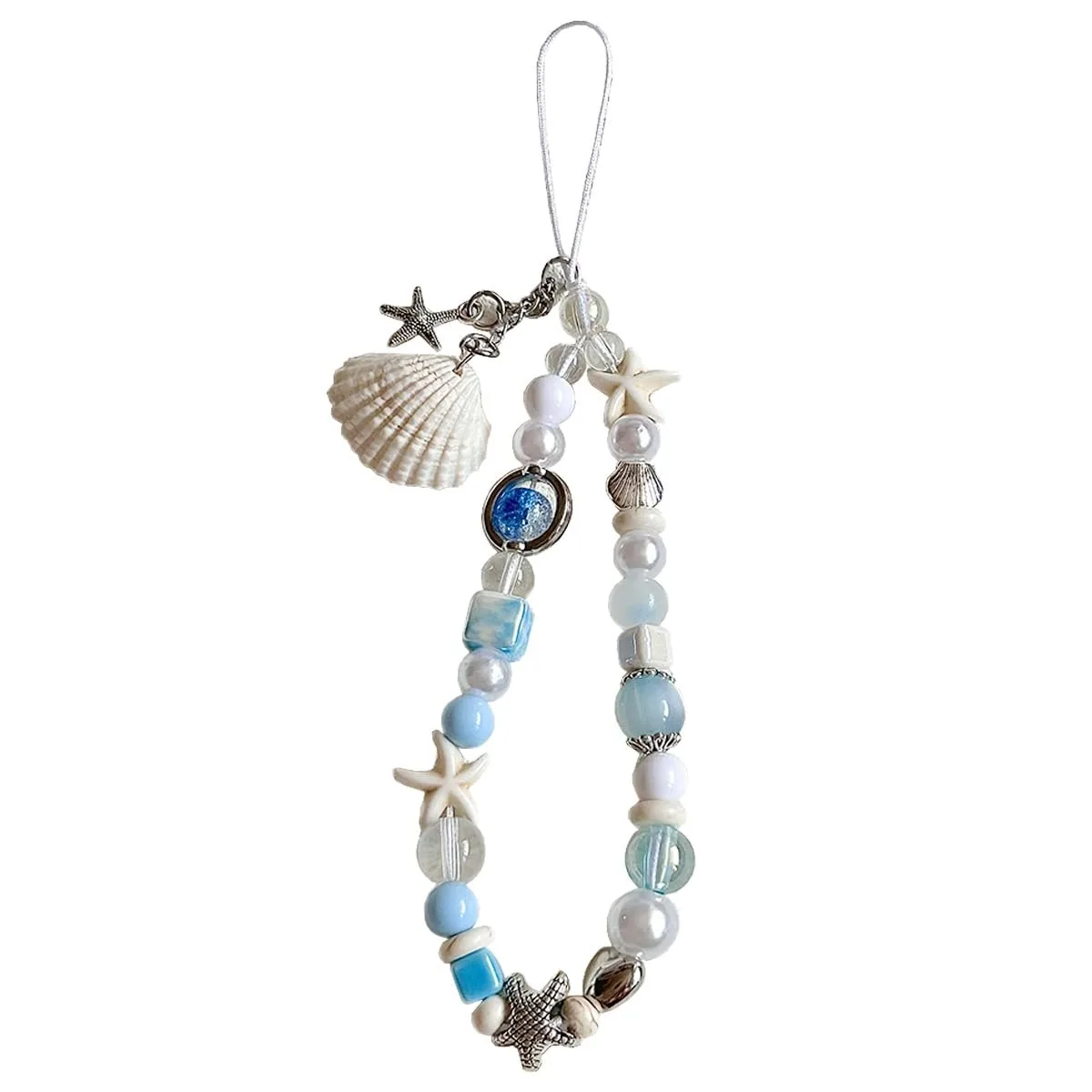 Blue resin shell starfish charm on beaded lanyard strap