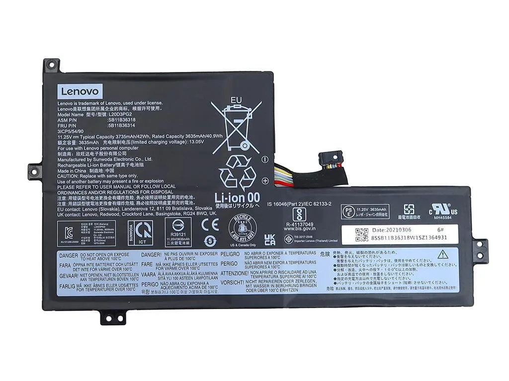 Lenovo Lenovo L20D3PG2 11.25V 3635mAh 40.9Wh 3-cell laptop battery accessory — product photo