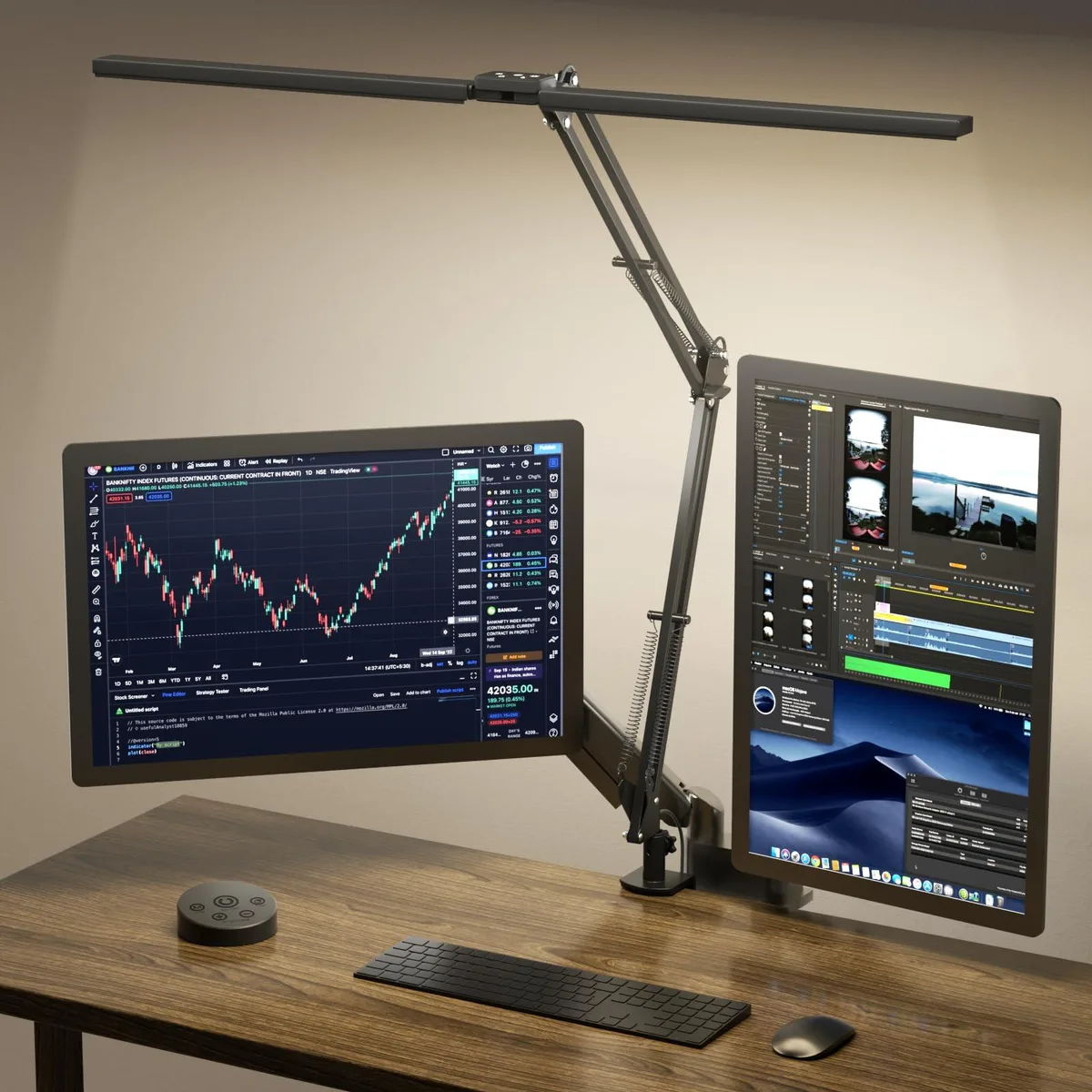 Black rectangular desk lamp with clamp base and dual adjustable heads, polished finish