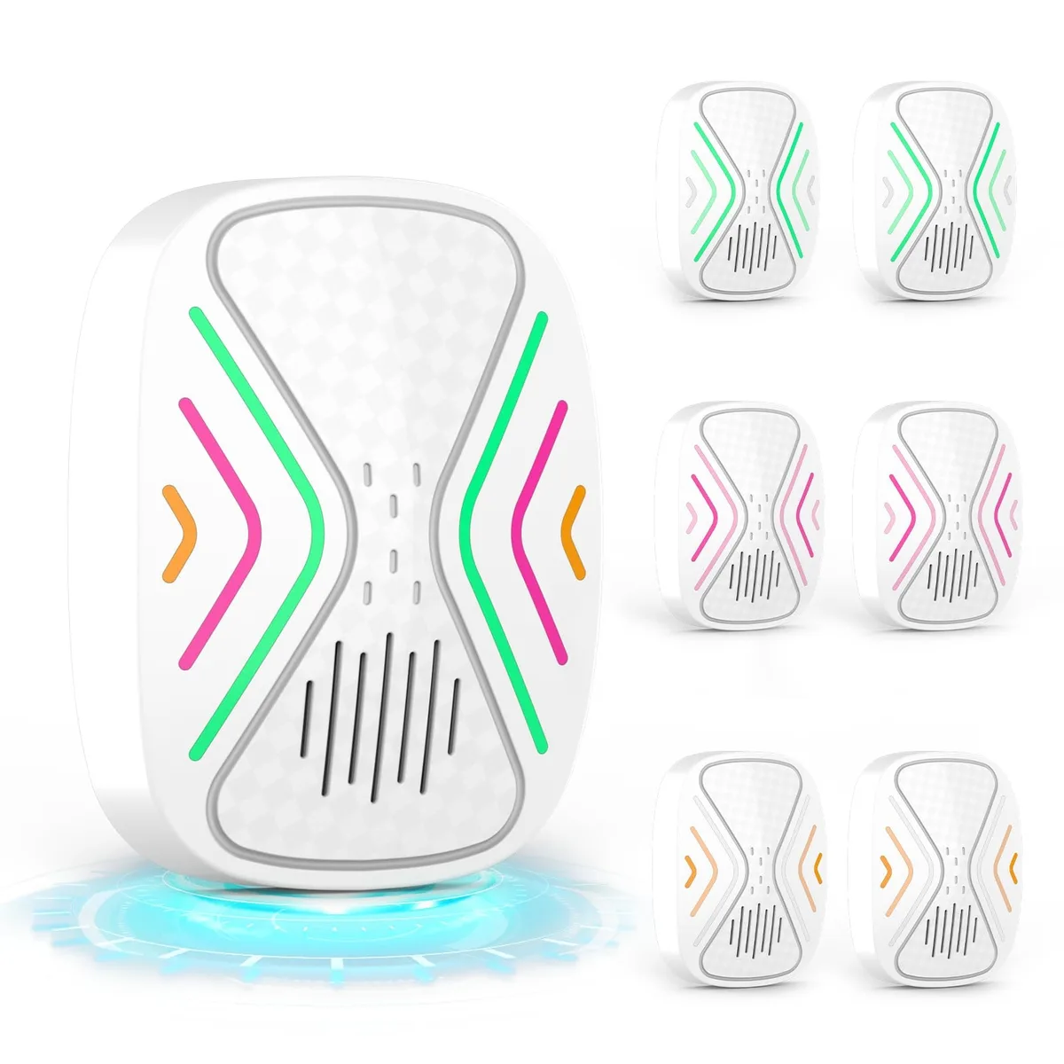 Six white rectangular plug-in units with front vents