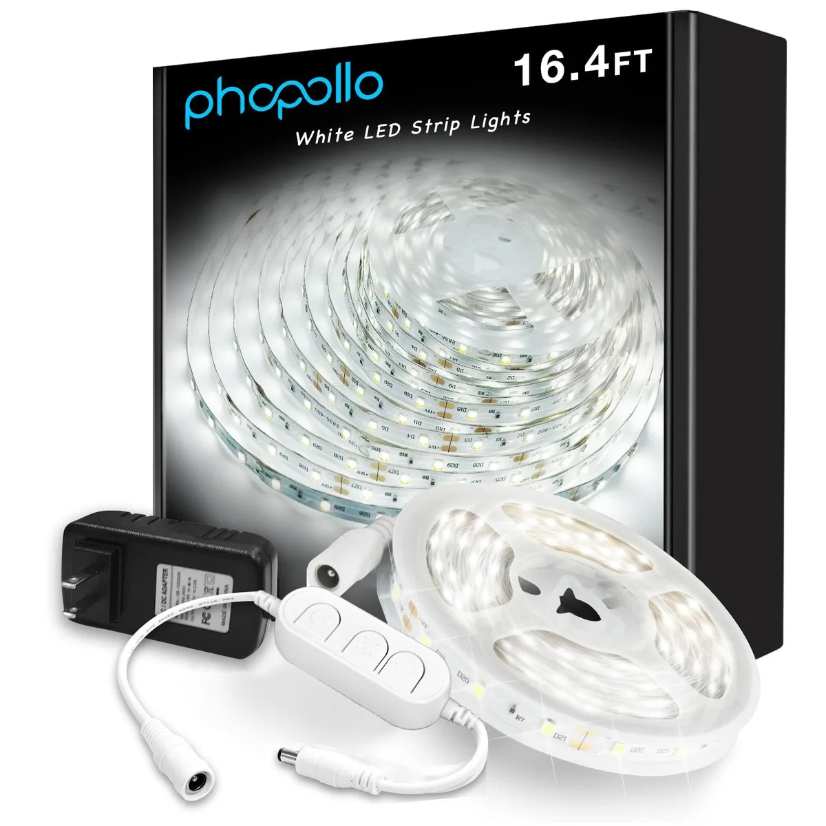 A 16.4ft flexible LED strip with 300 daylight-white LEDs on an orange plastic backing, coiled and ready to stick