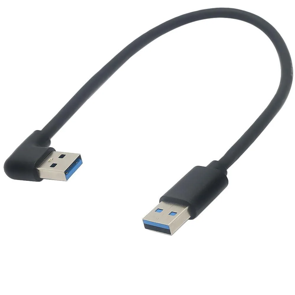 Black 1ft USB 3.0 cable with 90-degree male connector to straight male connector, PVC jacket
