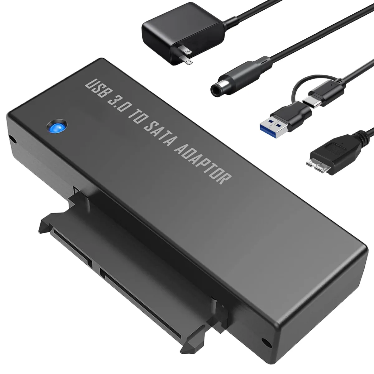 Black 2-in-1 USB-A and USB-C to SATA adapter cable with 12V 2A power supply