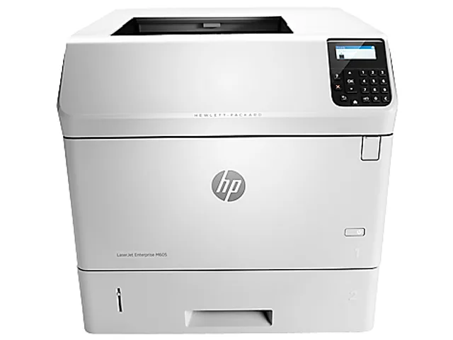 Rectangular white office printer with dark control panel and output tray