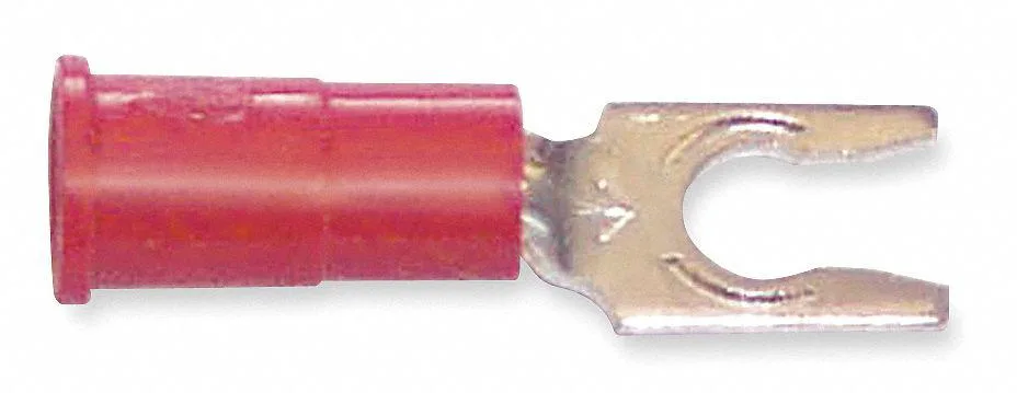 Red vinyl insulated fork terminal with copper barrel and tin finish
