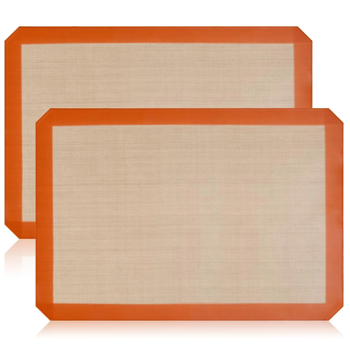 Two thin silicone baking mats, orange and beige, 0.4mm thick