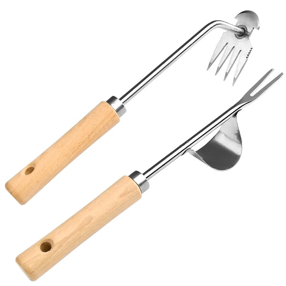 Two stainless steel hand weeders with wooden handles, one V-shaped, one four-tined